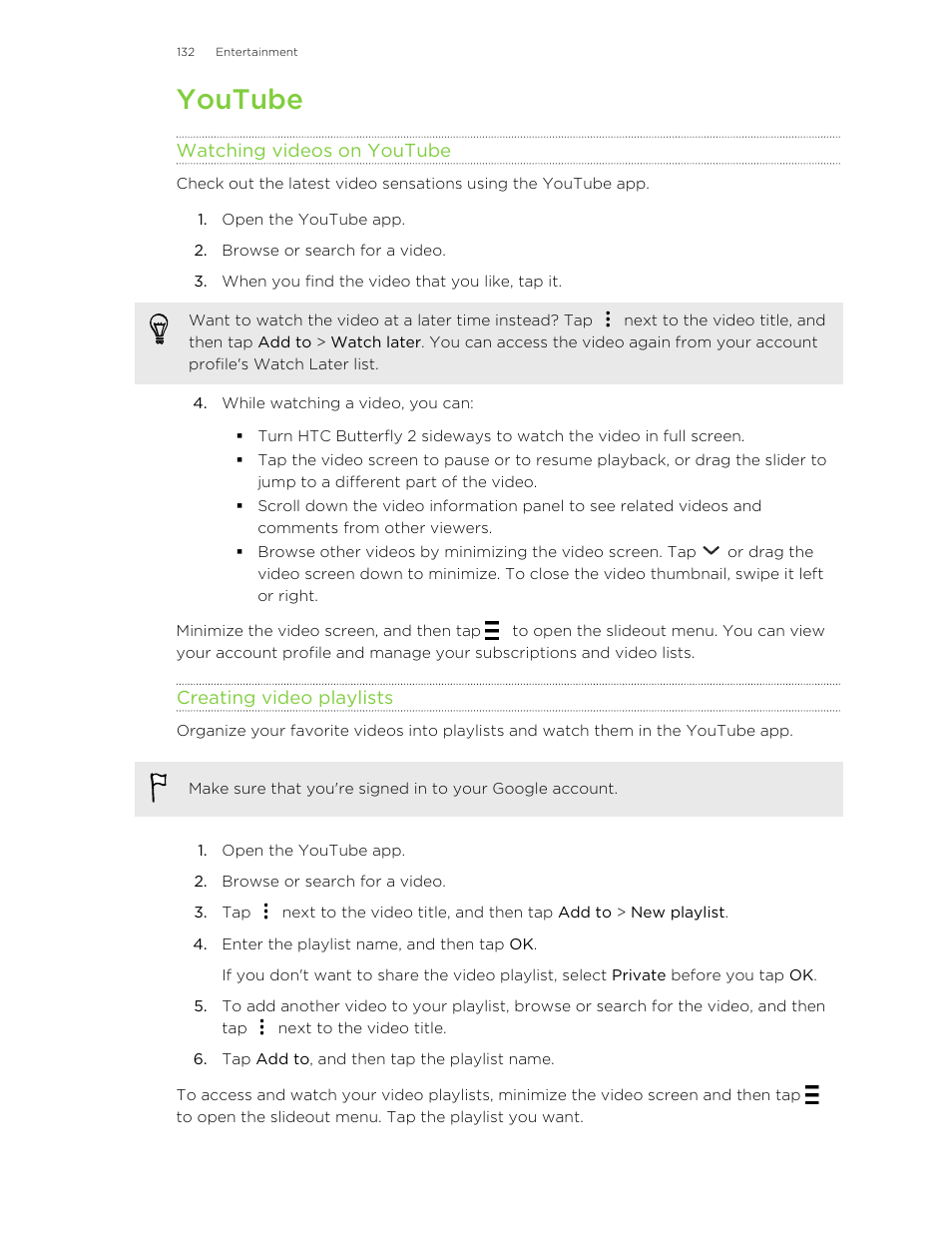 Youtube, Watching videos on youtube, Creating video playlists | HTC Butterfly 2 User Manual | Page 132 / 216
