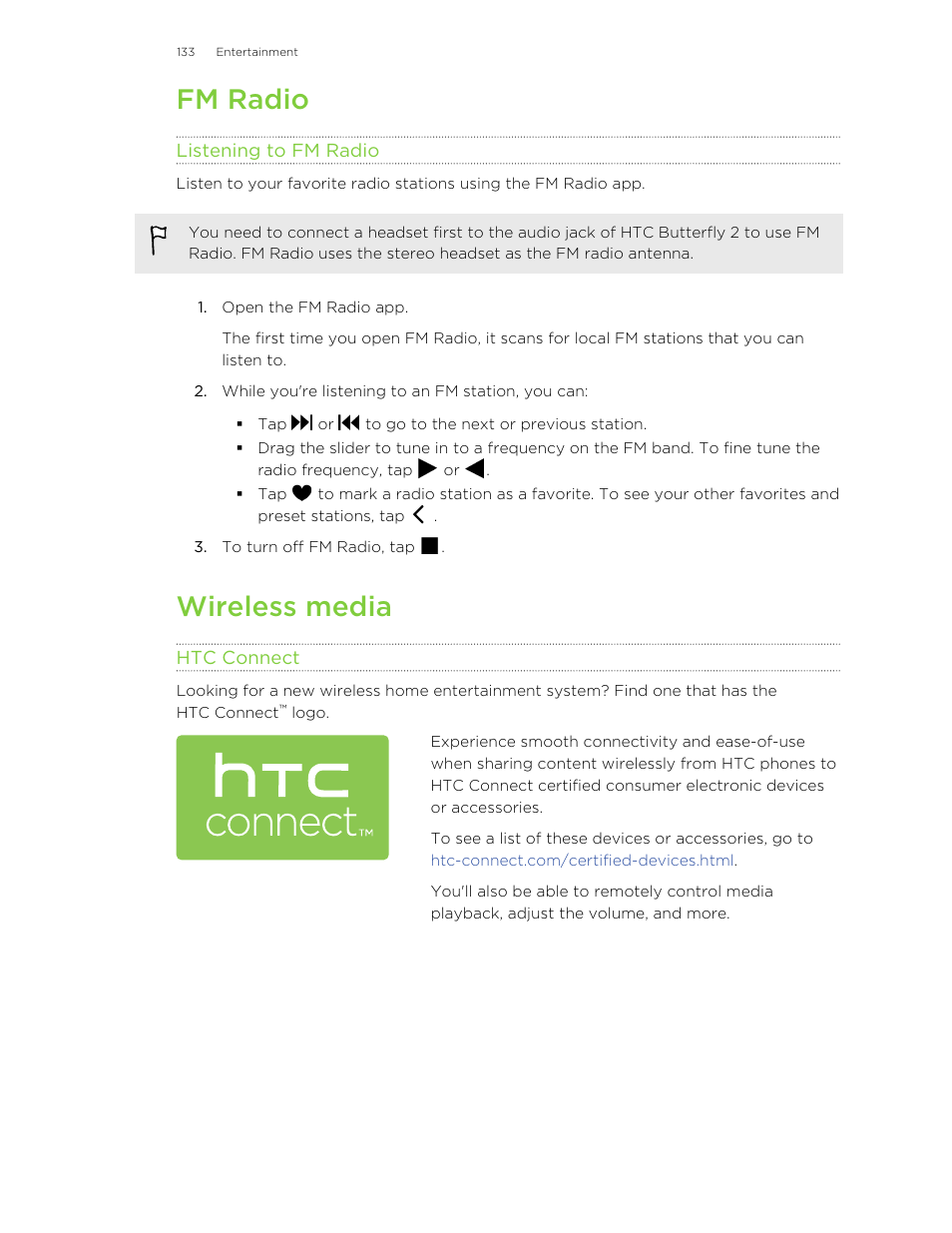 Fm radio, Listening to fm radio, Wireless media | Htc connect | HTC Butterfly 2 User Manual | Page 133 / 216