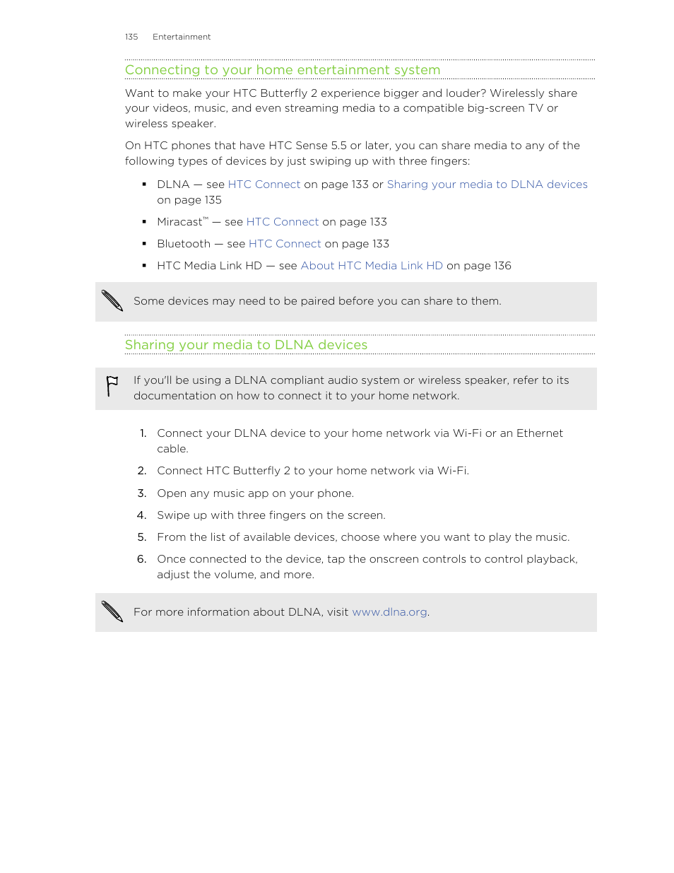 Connecting to your home entertainment system, Sharing your media to dlna devices | HTC Butterfly 2 User Manual | Page 135 / 216