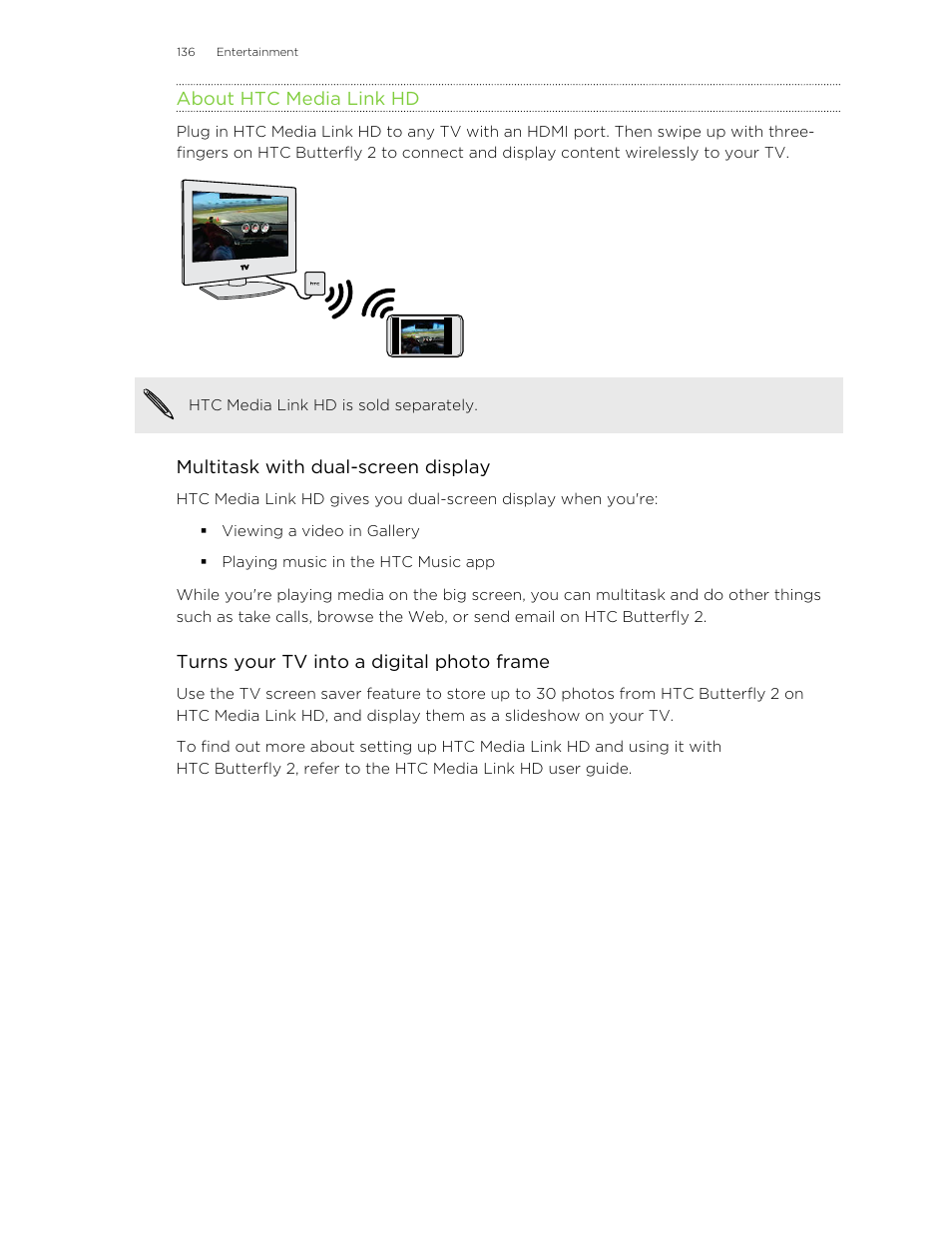 About htc media link hd, Htc media link hd — see | HTC Butterfly 2 User Manual | Page 136 / 216