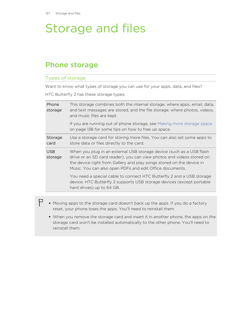 Storage and files, Phone storage, Types of storage | HTC Butterfly 2 User Manual | Page 137 / 216