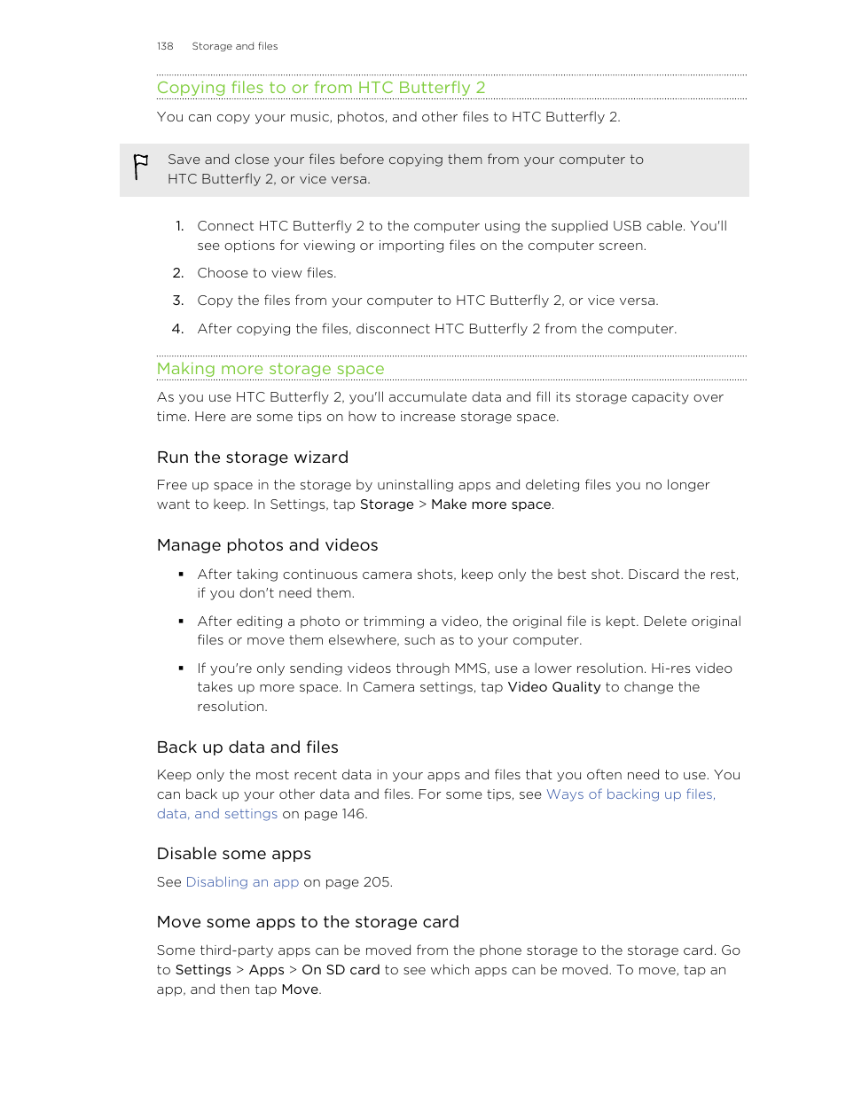 Copying files to or from htc butterfly 2, Making more storage space | HTC Butterfly 2 User Manual | Page 138 / 216