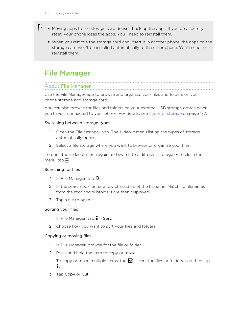 File manager, About file manager, Switching between storage types | Searching for files, Sorting your files, Copying or moving files | HTC Butterfly 2 User Manual | Page 139 / 216