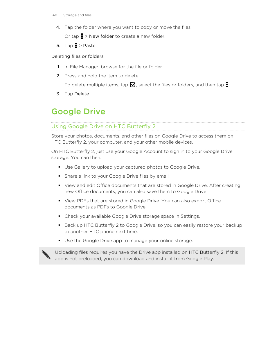 Deleting files or folders, Google drive, Using google drive on htc butterfly 2 | HTC Butterfly 2 User Manual | Page 140 / 216