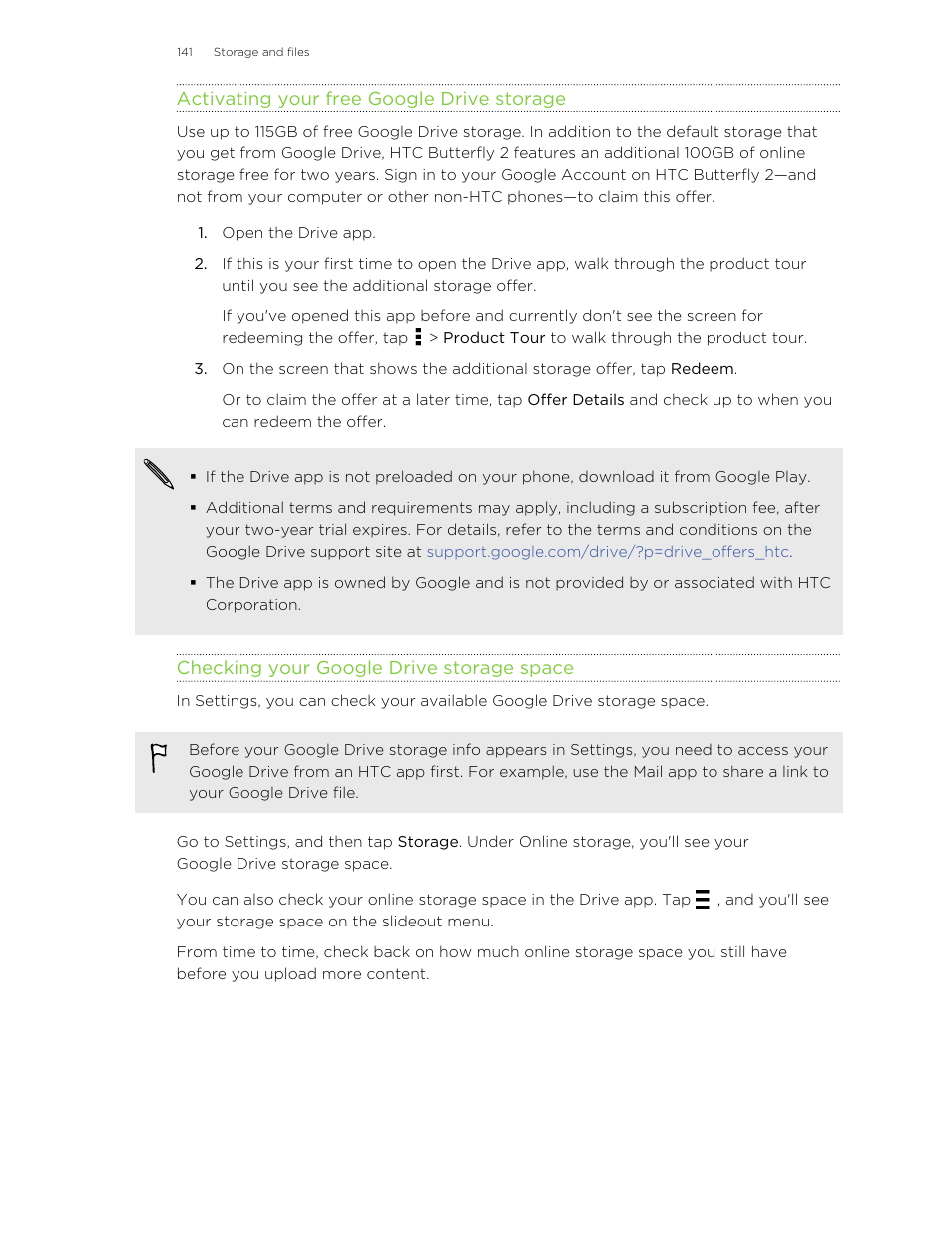 Activating your free google drive storage, Checking your google drive storage space | HTC Butterfly 2 User Manual | Page 141 / 216