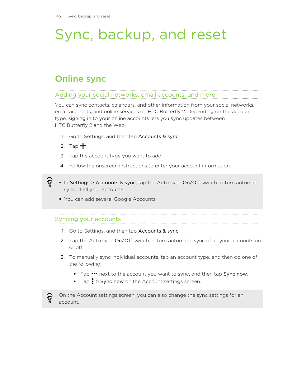 Sync, backup, and reset, Online sync, Syncing your accounts | HTC Butterfly 2 User Manual | Page 145 / 216