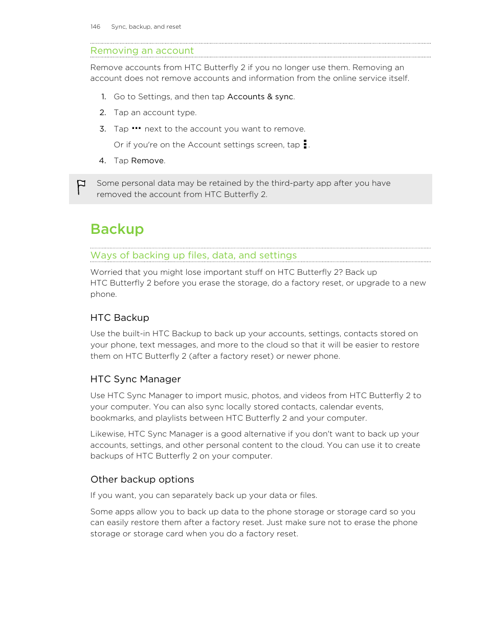 Removing an account, Backup, Ways of backing up files, data, and settings | Ways of backing up files, Data, and settings | HTC Butterfly 2 User Manual | Page 146 / 216