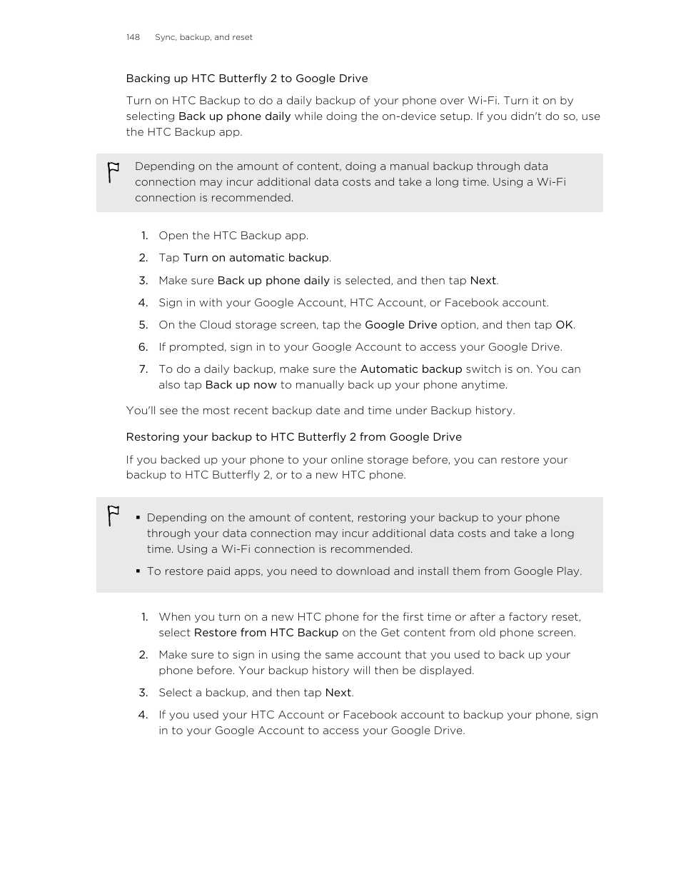 Backing up htc butterfly 2 to google drive | HTC Butterfly 2 User Manual | Page 148 / 216