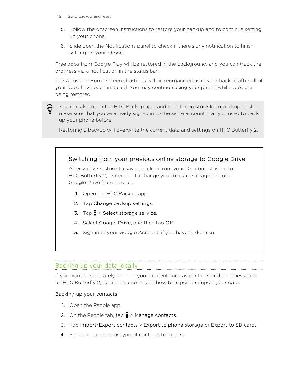 Backing up your data locally, Backing up your contacts | HTC Butterfly 2 User Manual | Page 149 / 216