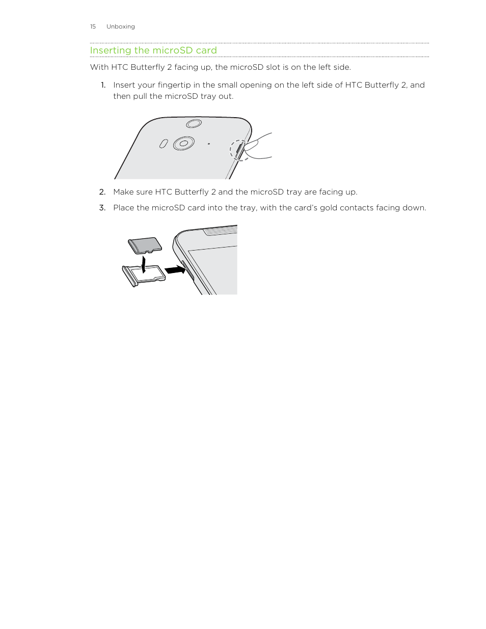 Inserting the microsd card | HTC Butterfly 2 User Manual | Page 15 / 216