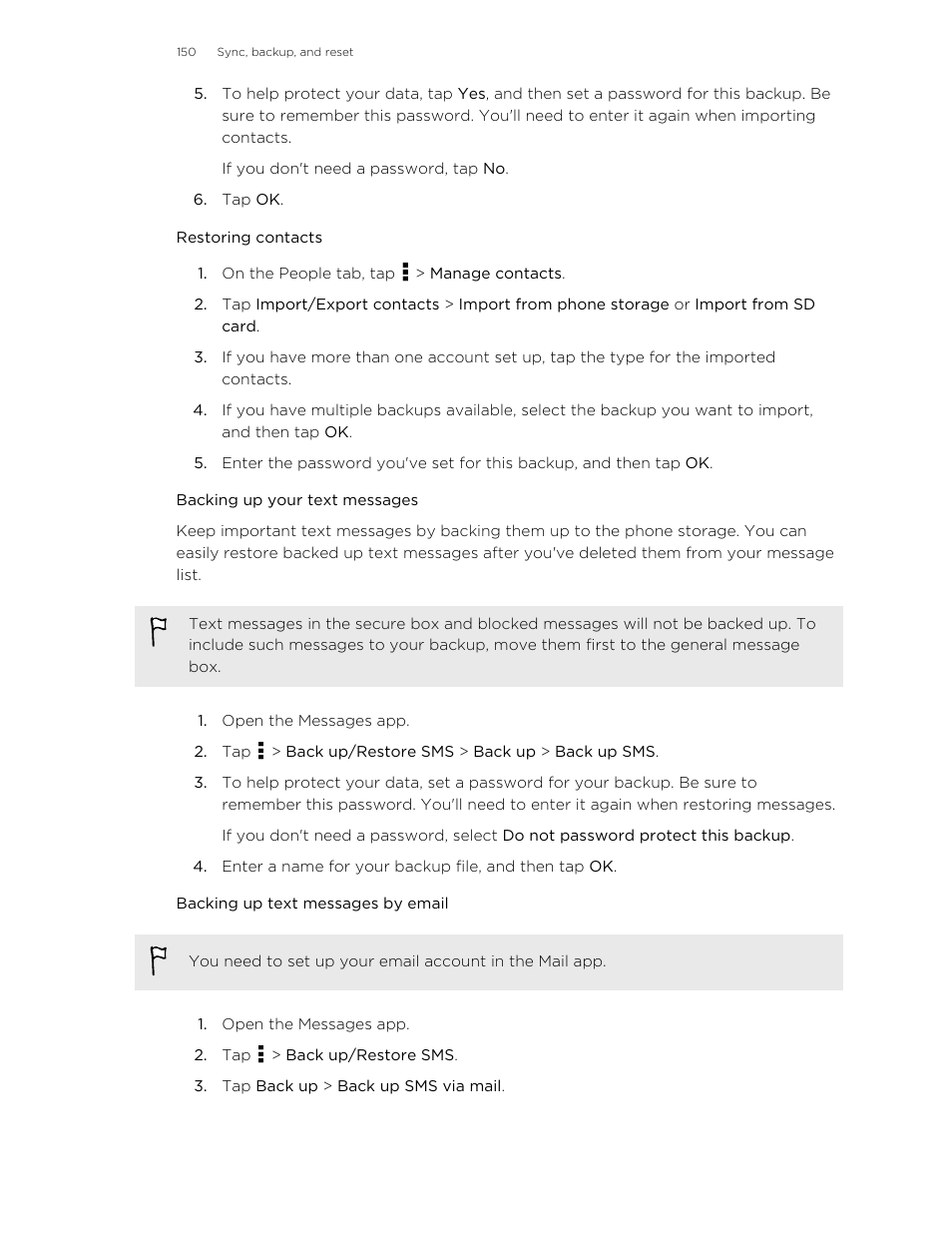 Restoring contacts, Backing up your text messages, Backing up text messages by email | HTC Butterfly 2 User Manual | Page 150 / 216