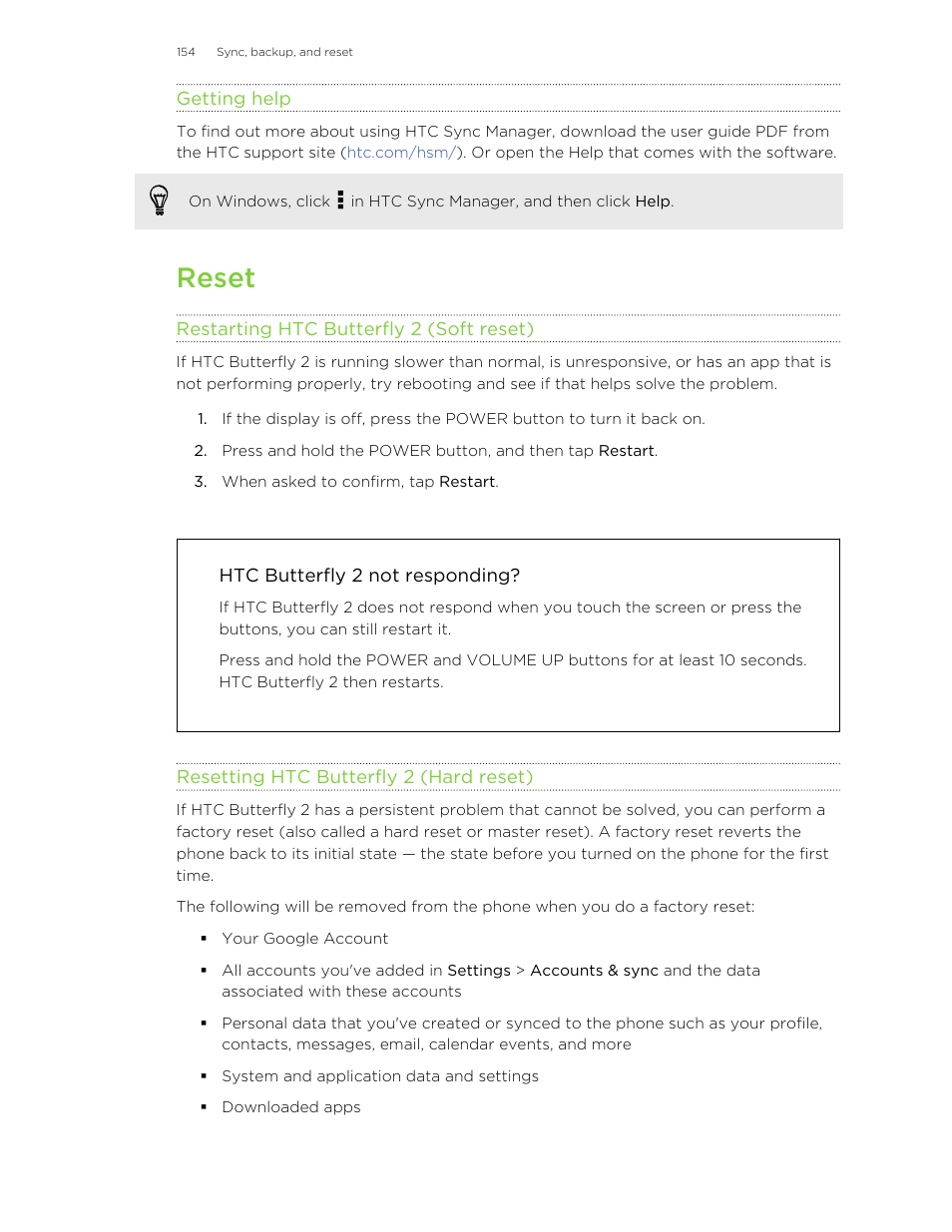 Getting help, Reset, Restarting htc butterfly 2 (soft reset) | Htc butterfly 2 not responding, Resetting htc butterfly 2 (hard reset) | HTC Butterfly 2 User Manual | Page 154 / 216
