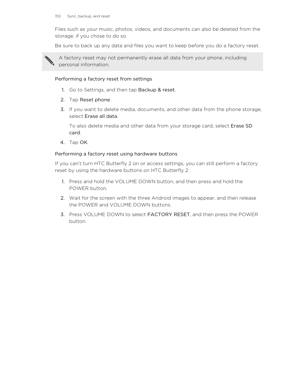 Performing a factory reset from settings, Performing a factory reset using hardware buttons | HTC Butterfly 2 User Manual | Page 155 / 216