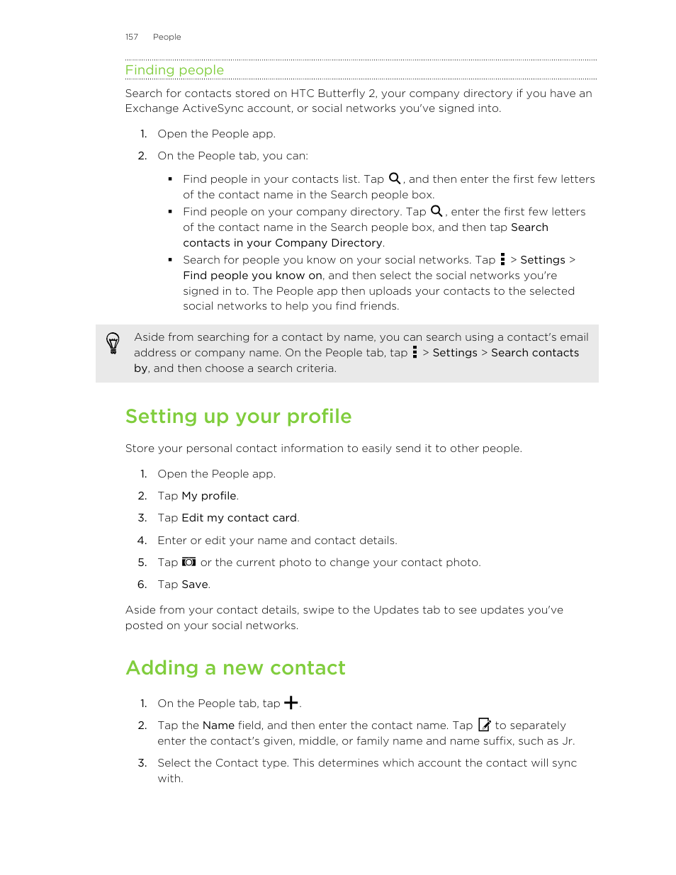 Finding people, Setting up your profile, Adding a new contact | HTC Butterfly 2 User Manual | Page 157 / 216