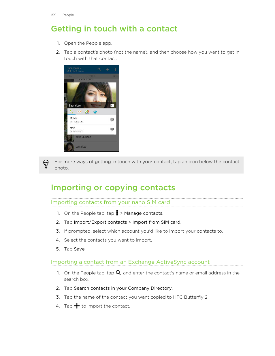 Getting in touch with a contact, Importing or copying contacts, Importing contacts from your nano sim card | HTC Butterfly 2 User Manual | Page 159 / 216