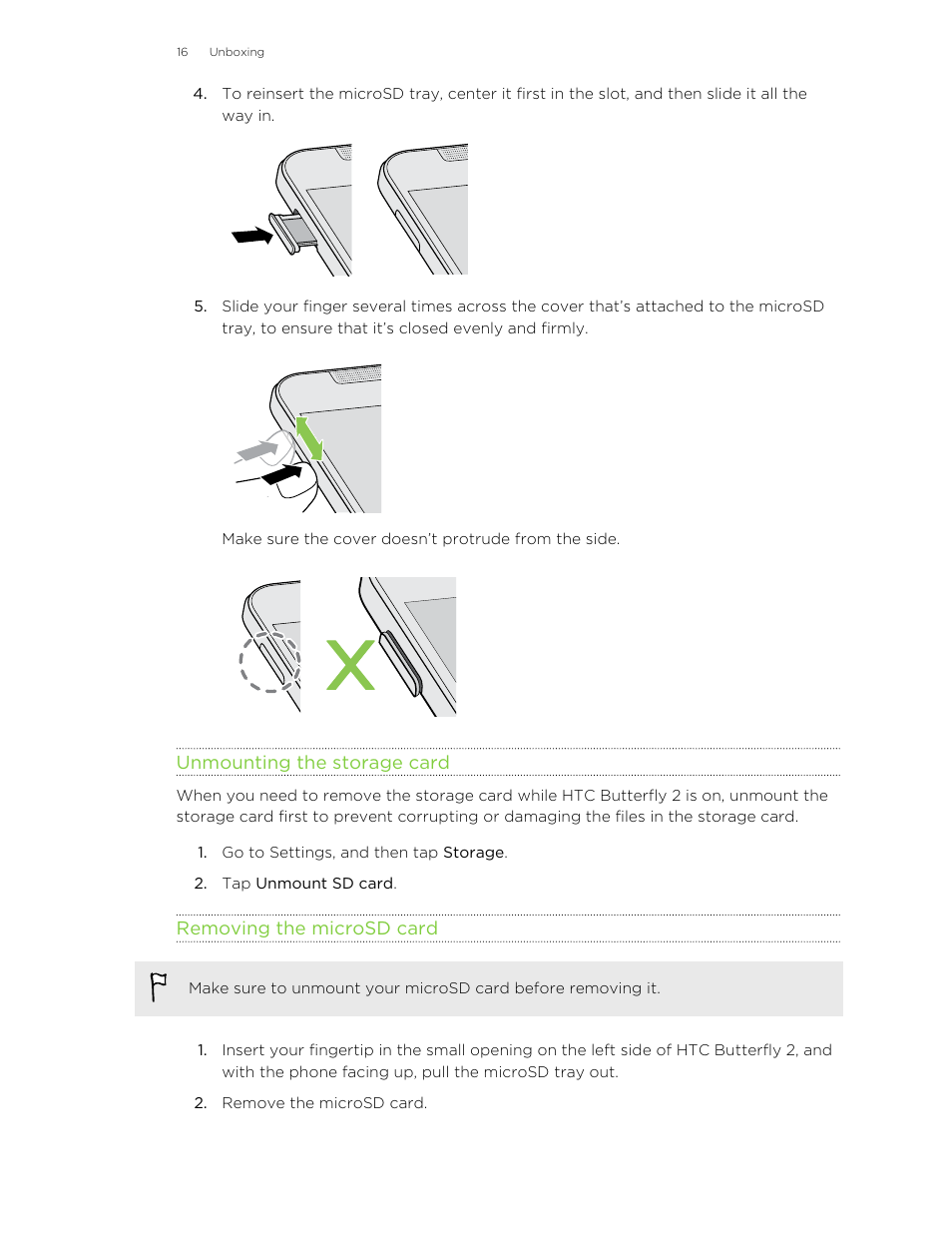 Unmounting the storage card, Removing the microsd card | HTC Butterfly 2 User Manual | Page 16 / 216