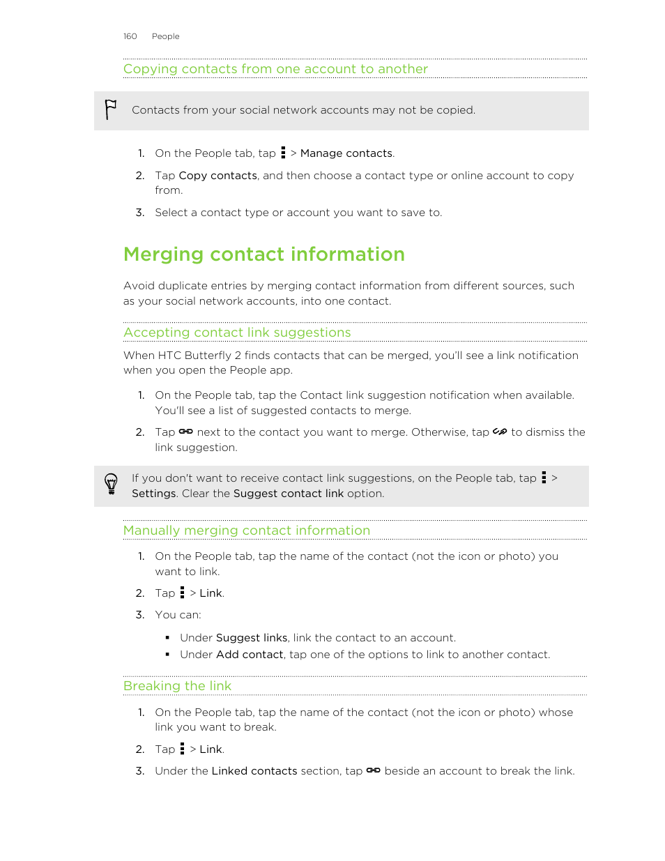 Copying contacts from one account to another, Merging contact information, Accepting contact link suggestions | Manually merging contact information, Breaking the link | HTC Butterfly 2 User Manual | Page 160 / 216