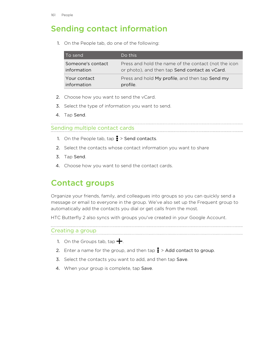 Sending contact information, Sending multiple contact cards, Contact groups | Creating a group | HTC Butterfly 2 User Manual | Page 161 / 216