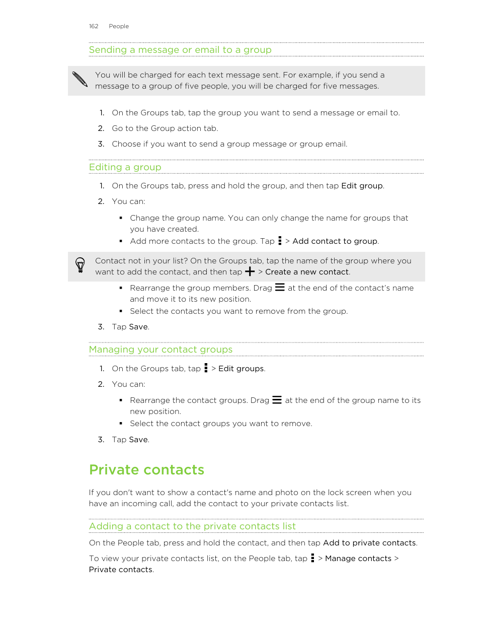 Sending a message or email to a group, Editing a group, Managing your contact groups | Private contacts, Adding a contact to the private contacts list | HTC Butterfly 2 User Manual | Page 162 / 216