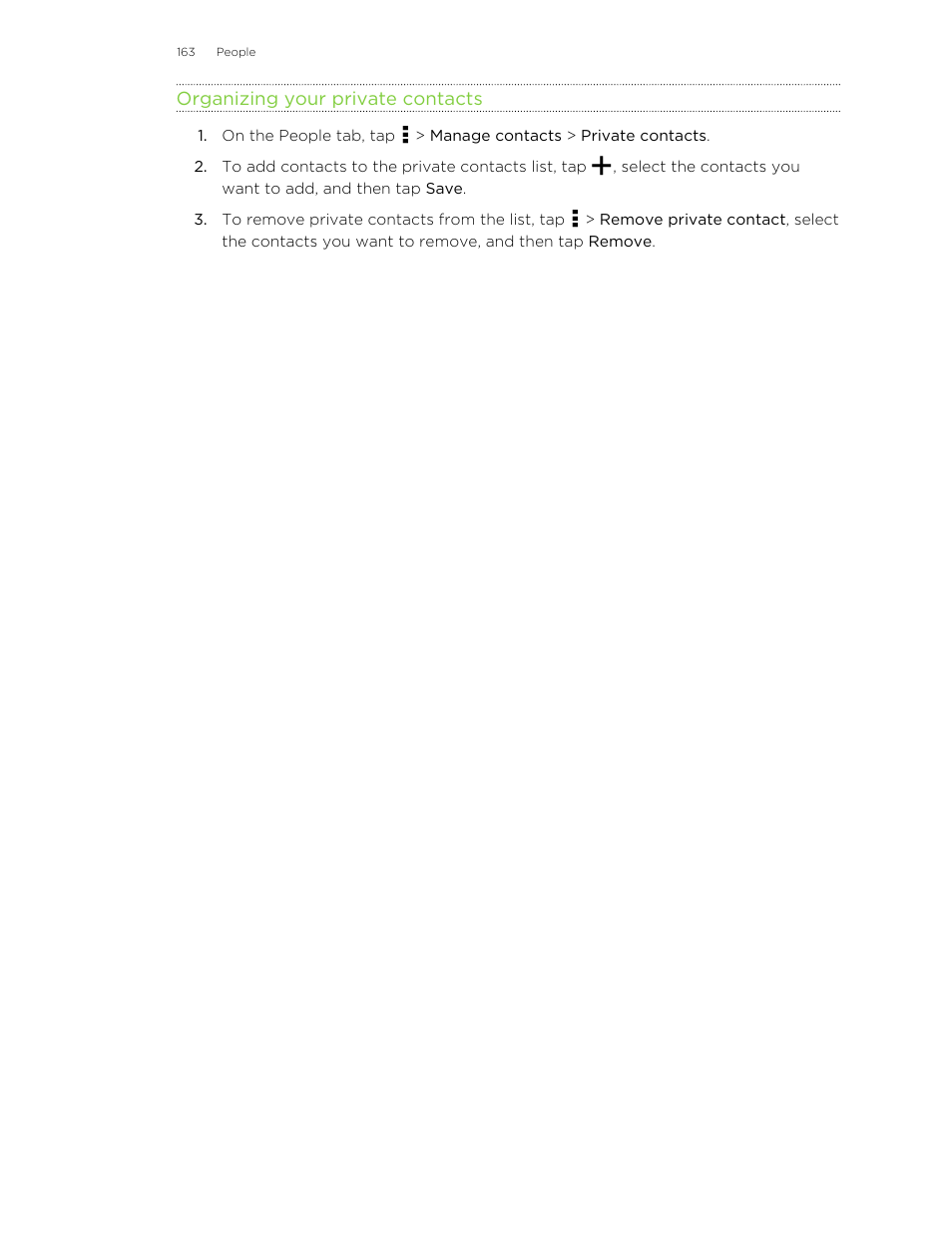 Organizing your private contacts | HTC Butterfly 2 User Manual | Page 163 / 216