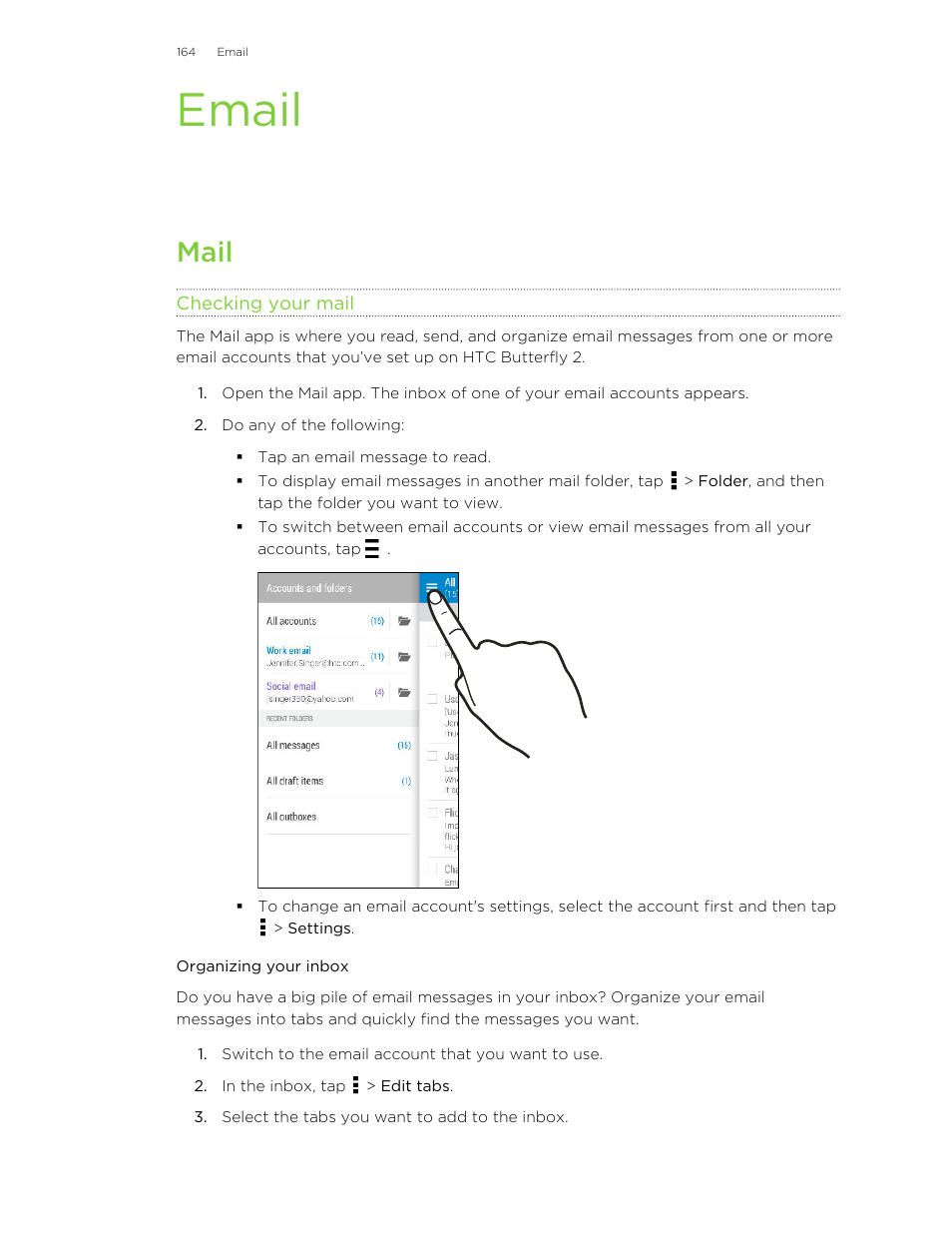 Email, Mail, Checking your mail | Organizing your inbox | HTC Butterfly 2 User Manual | Page 164 / 216