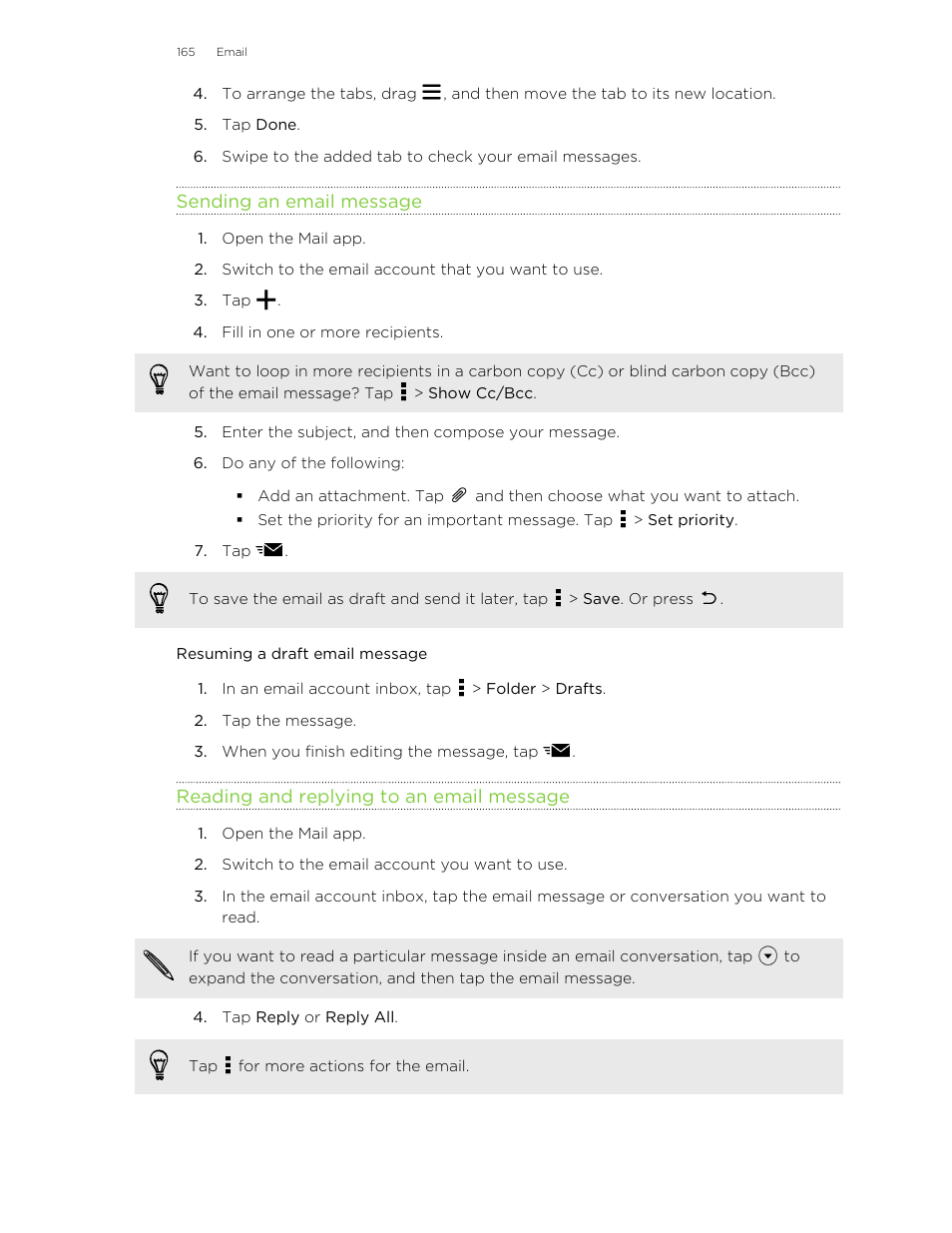 Sending an email message, Resuming a draft email message, Reading and replying to an email message | HTC Butterfly 2 User Manual | Page 165 / 216