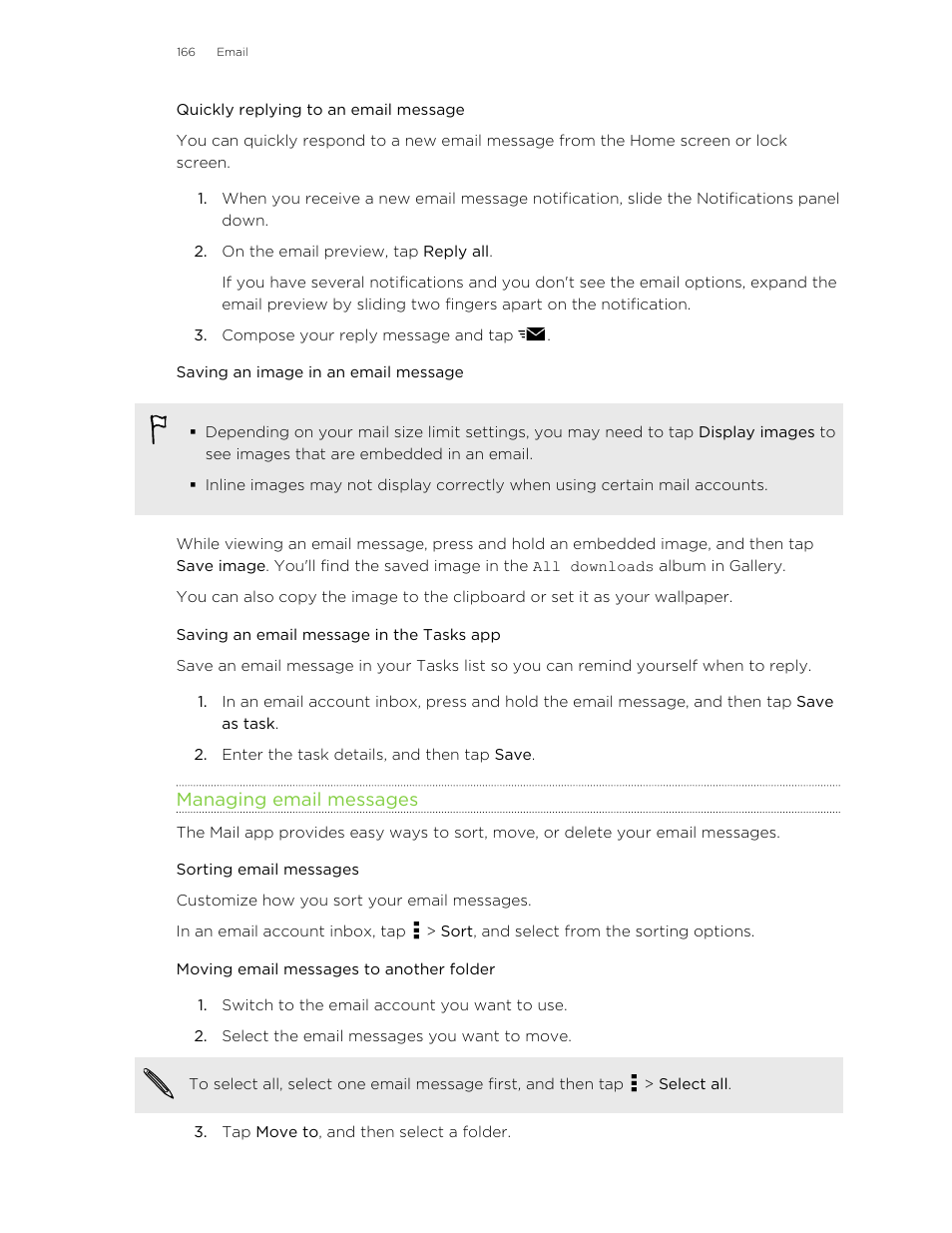 Quickly replying to an email message, Saving an image in an email message, Saving an email message in the tasks app | Managing email messages, Sorting email messages, Moving email messages to another folder | HTC Butterfly 2 User Manual | Page 166 / 216