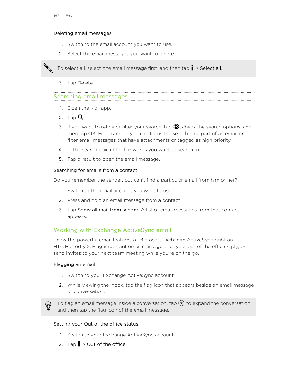 Deleting email messages, Searching email messages, Searching for emails from a contact | Working with exchange activesync email, Flagging an email, Setting your out of the office status | HTC Butterfly 2 User Manual | Page 167 / 216