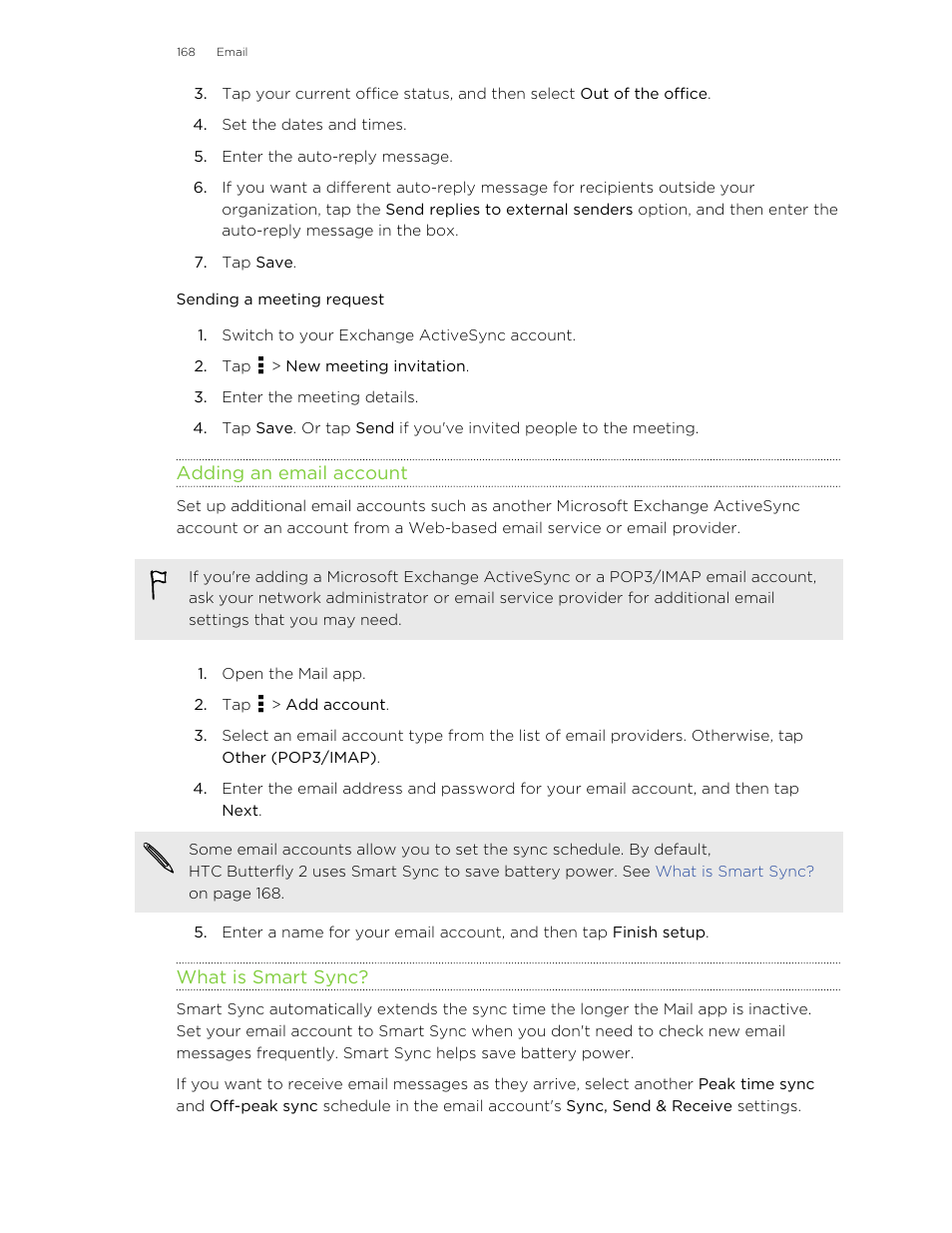 Sending a meeting request, Adding an email account, What is smart sync | HTC Butterfly 2 User Manual | Page 168 / 216