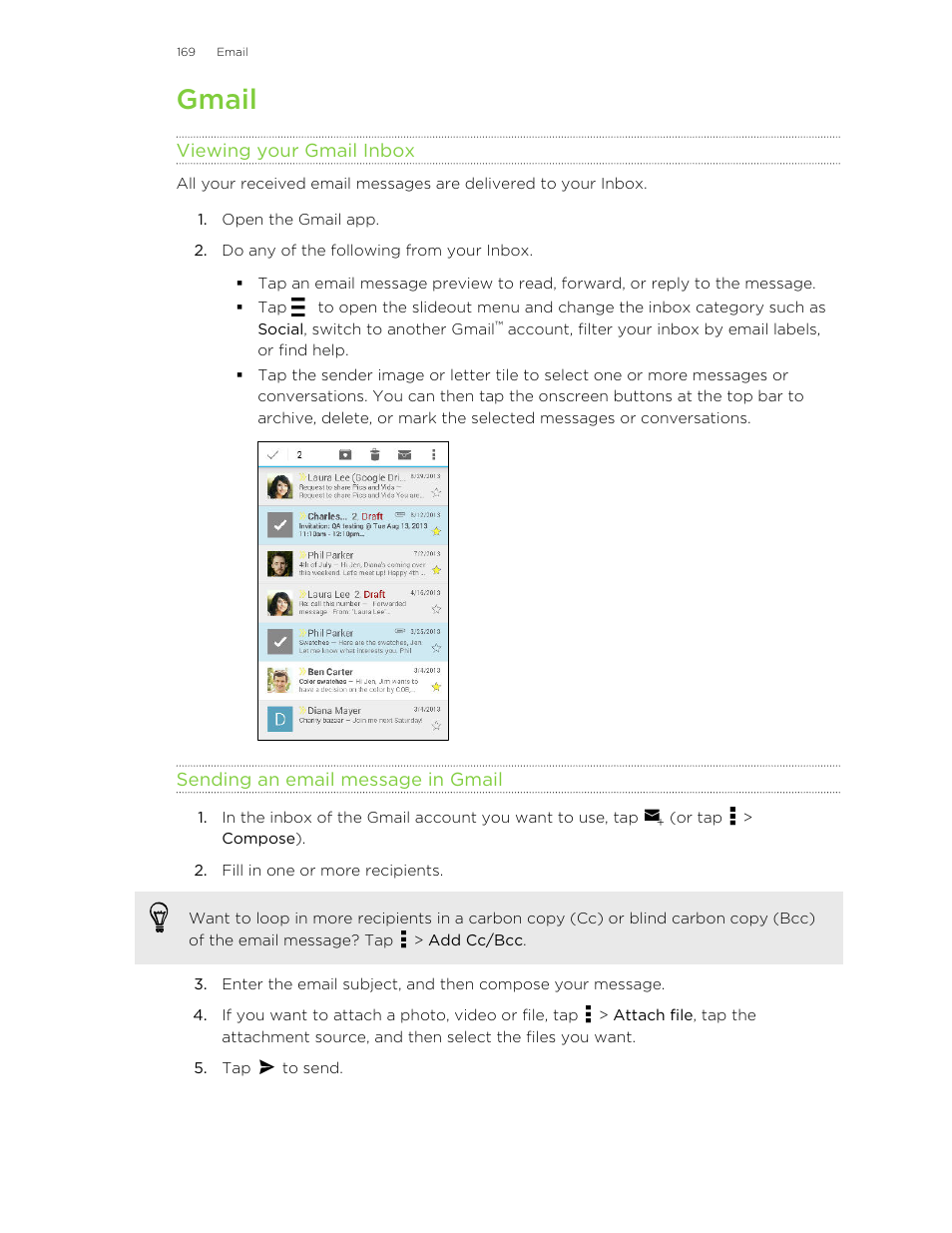 Gmail, Viewing your gmail inbox, Sending an email message in gmail | HTC Butterfly 2 User Manual | Page 169 / 216