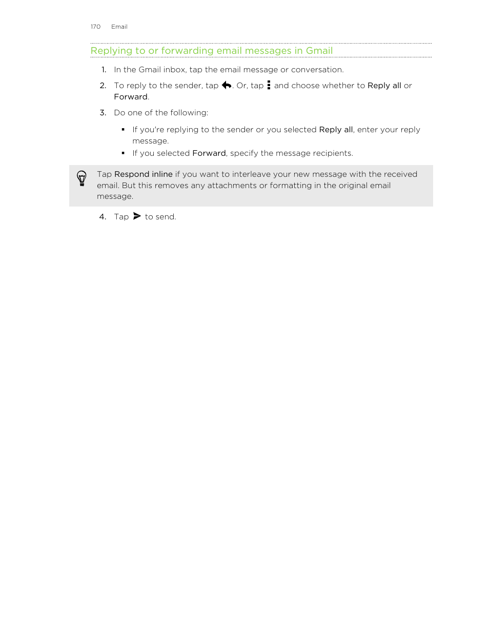 Replying to or forwarding email messages in gmail | HTC Butterfly 2 User Manual | Page 170 / 216