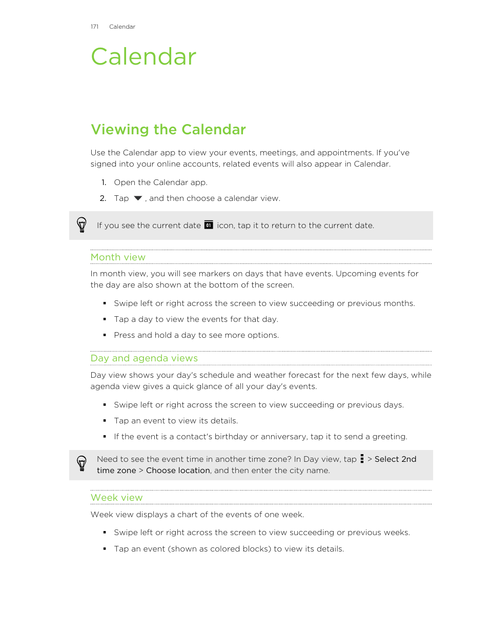 Calendar, Viewing the calendar, Month view | Day and agenda views, Week view | HTC Butterfly 2 User Manual | Page 171 / 216