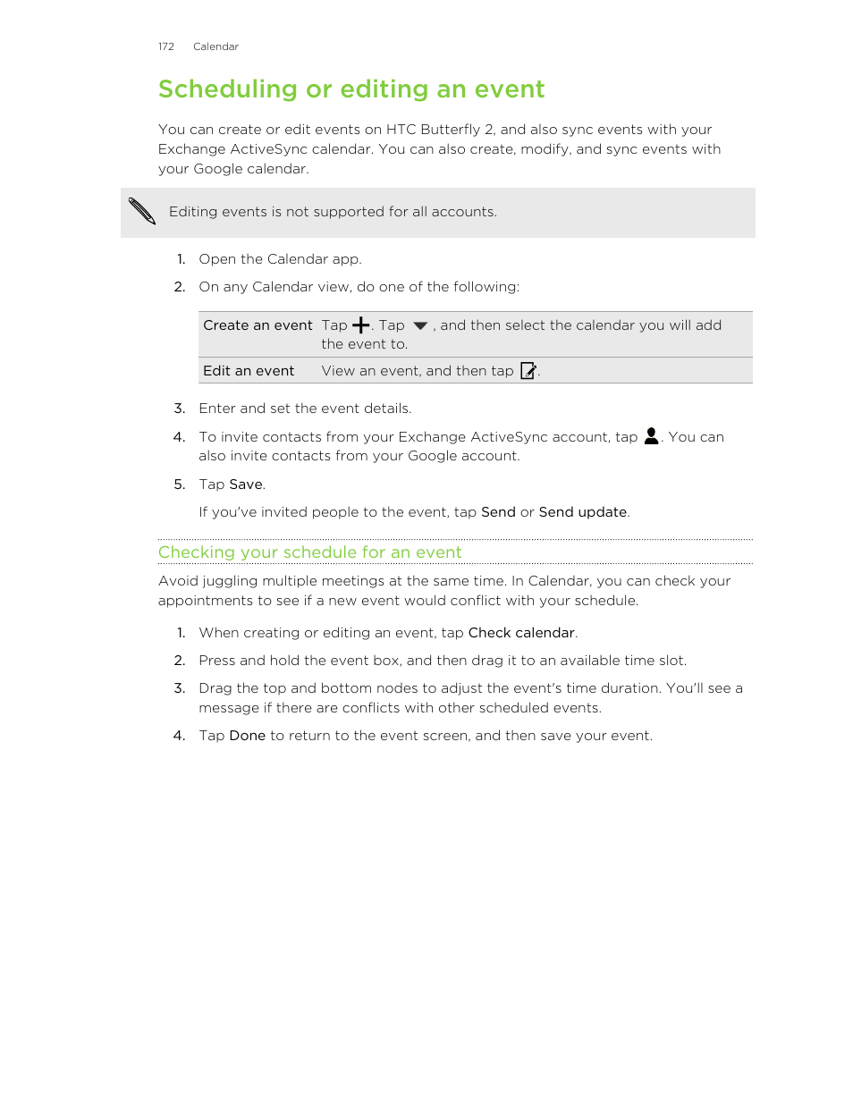 Scheduling or editing an event, Checking your schedule for an event | HTC Butterfly 2 User Manual | Page 172 / 216