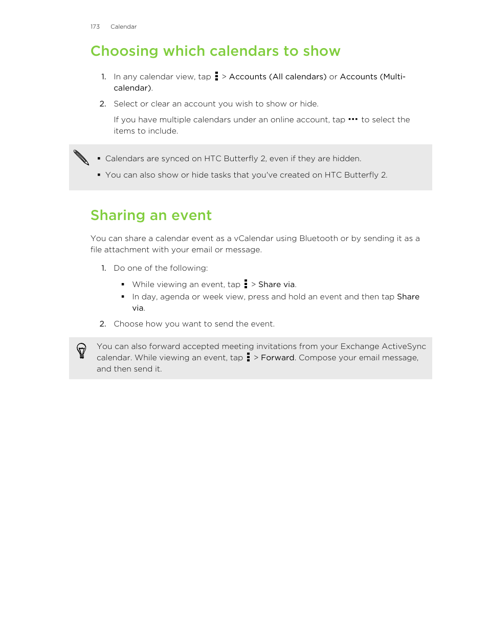 Choosing which calendars to show, Sharing an event | HTC Butterfly 2 User Manual | Page 173 / 216