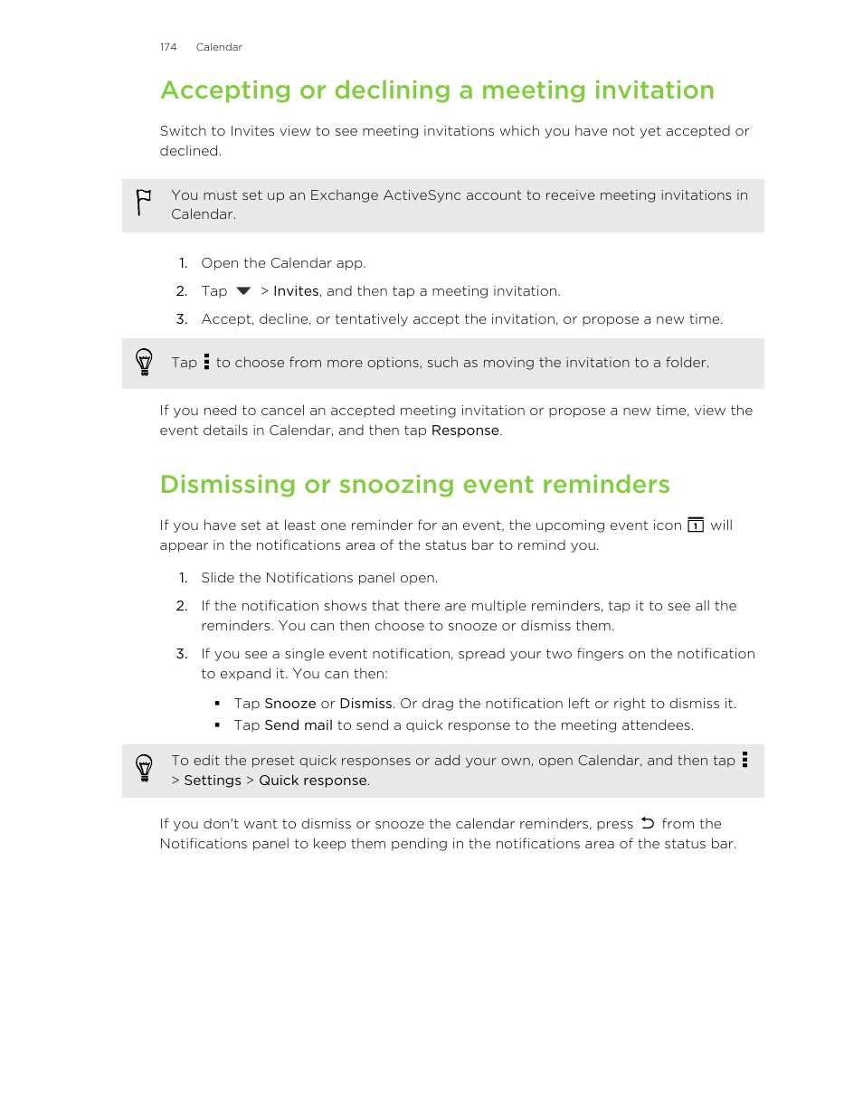 Accepting or declining a meeting invitation, Dismissing or snoozing event reminders | HTC Butterfly 2 User Manual | Page 174 / 216