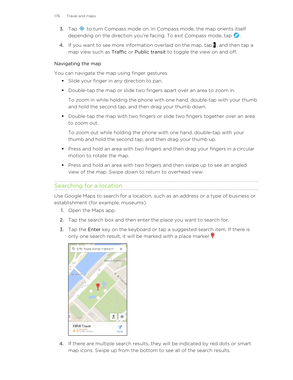 Navigating the map, Searching for a location | HTC Butterfly 2 User Manual | Page 176 / 216