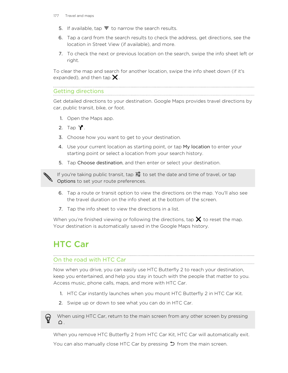 Getting directions, Htc car, On the road with htc car | HTC Butterfly 2 User Manual | Page 177 / 216