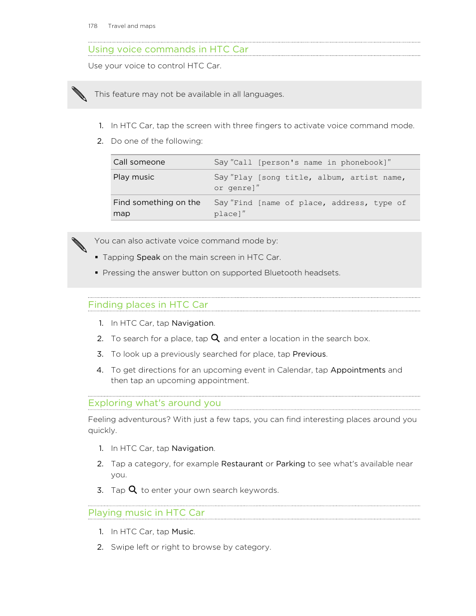 Using voice commands in htc car, Finding places in htc car, Exploring what's around you | Playing music in htc car | HTC Butterfly 2 User Manual | Page 178 / 216