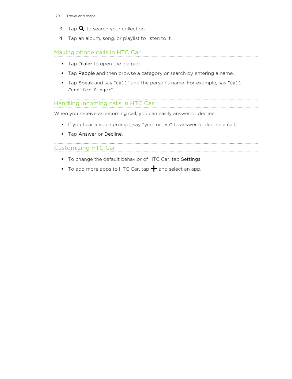 Making phone calls in htc car, Handling incoming calls in htc car, Customizing htc car | HTC Butterfly 2 User Manual | Page 179 / 216