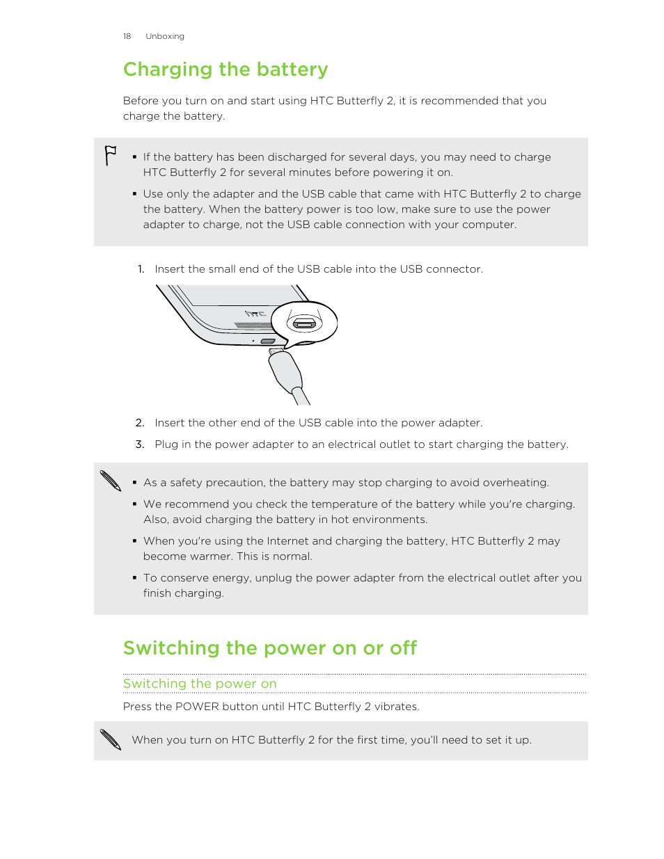 Charging the battery, Switching the power on or off, Switching the power on | HTC Butterfly 2 User Manual | Page 18 / 216