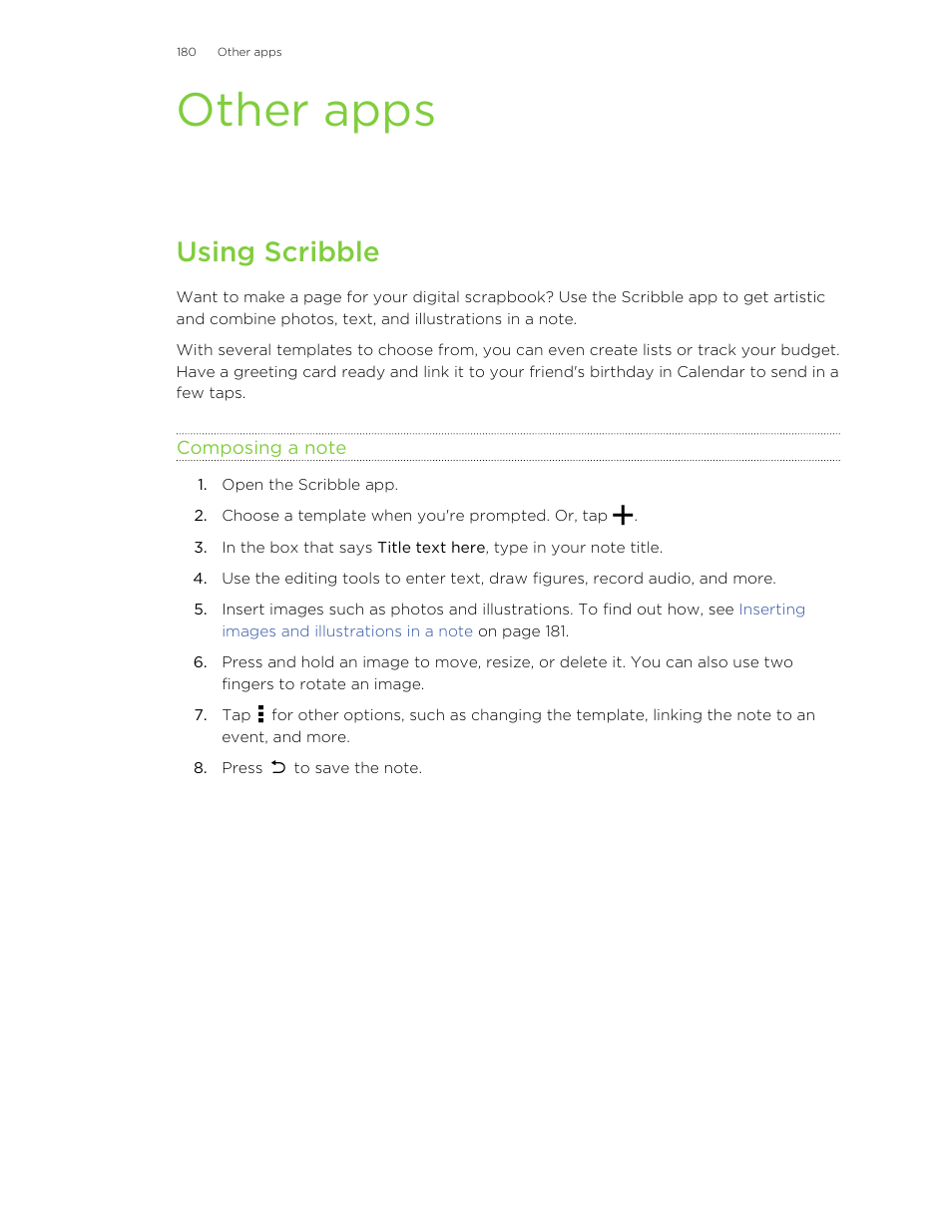 Other apps, Using scribble, Composing a note | HTC Butterfly 2 User Manual | Page 180 / 216