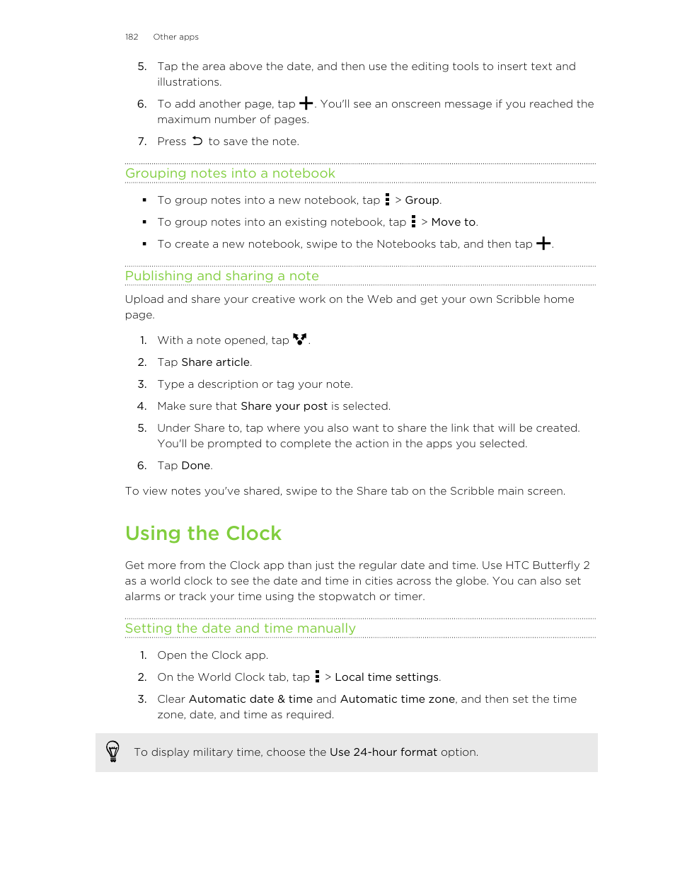 Grouping notes into a notebook, Publishing and sharing a note, Using the clock | Setting the date and time manually | HTC Butterfly 2 User Manual | Page 182 / 216