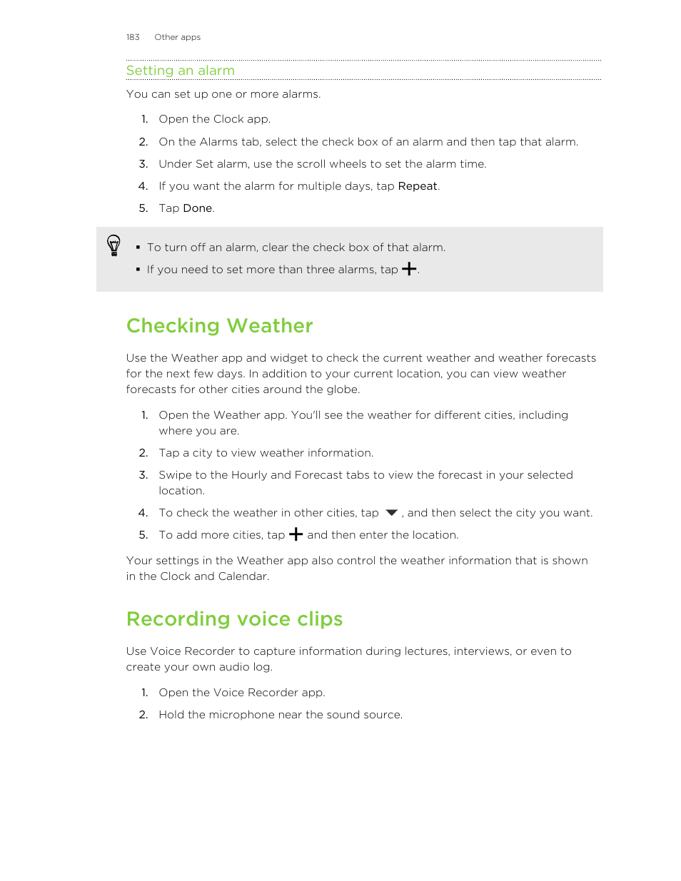 Setting an alarm, Checking weather, Recording voice clips | HTC Butterfly 2 User Manual | Page 183 / 216