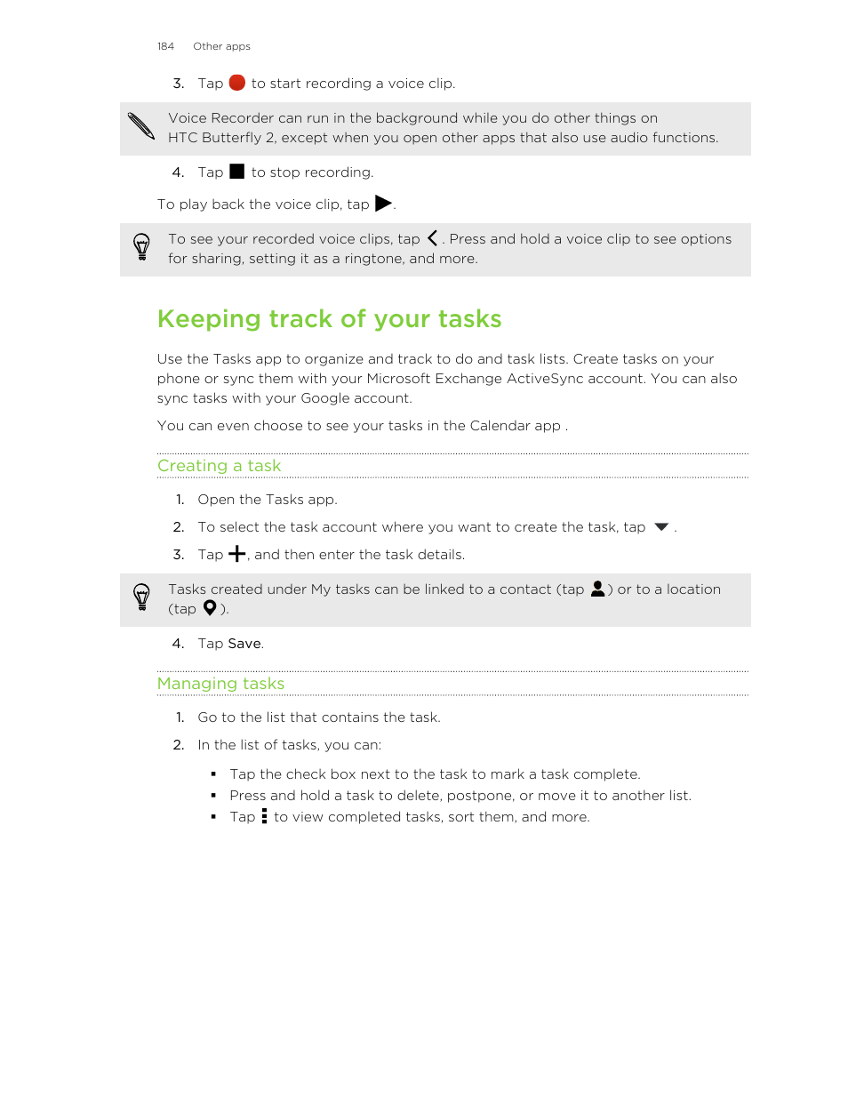 Keeping track of your tasks, Creating a task, Managing tasks | HTC Butterfly 2 User Manual | Page 184 / 216