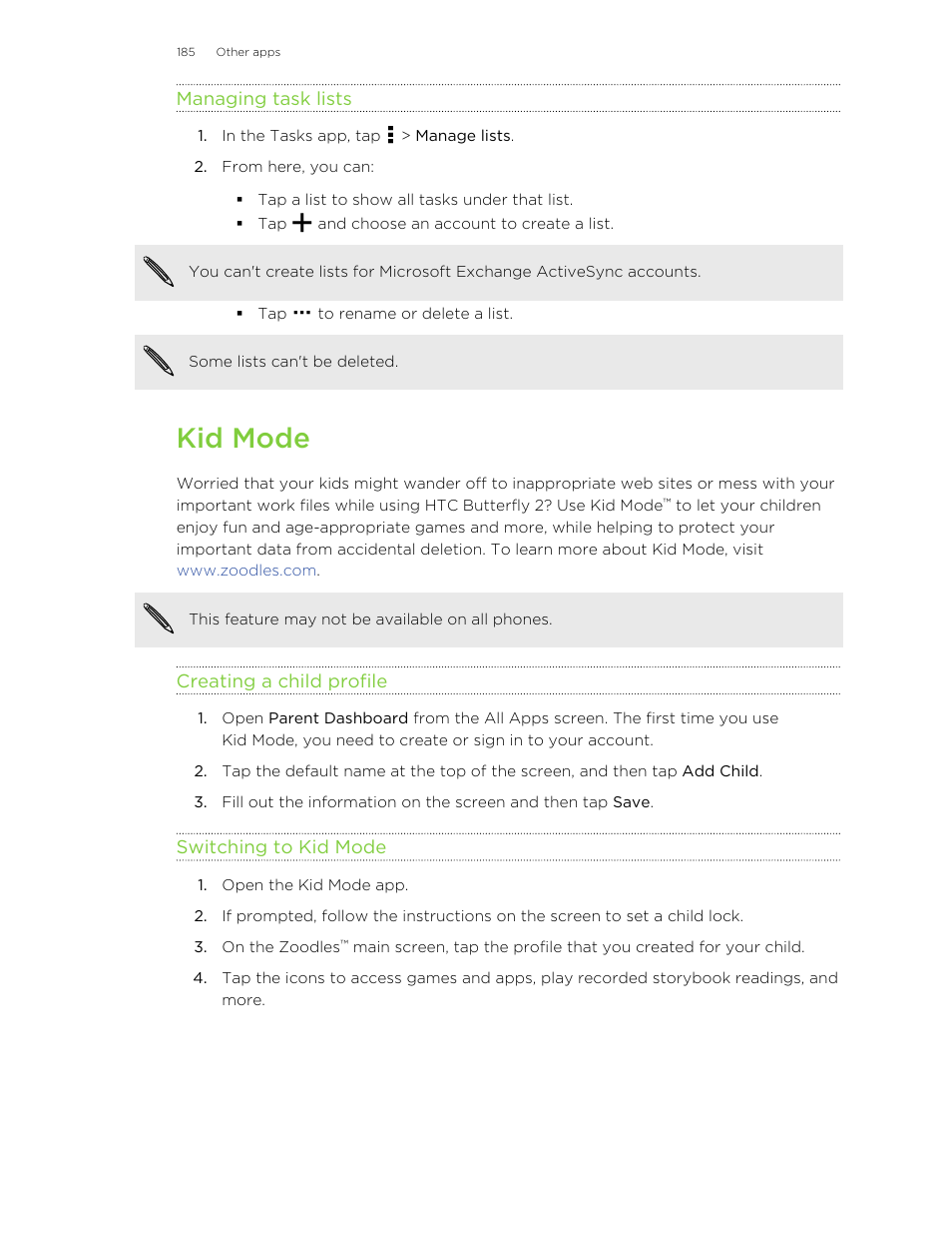 Managing task lists, Kid mode, Creating a child profile | Switching to kid mode | HTC Butterfly 2 User Manual | Page 185 / 216