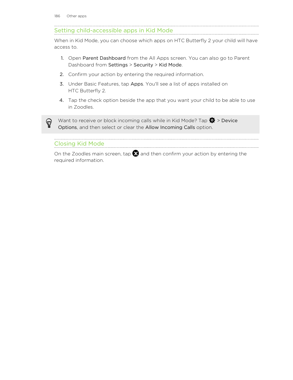 Setting child-accessible apps in kid mode, Closing kid mode | HTC Butterfly 2 User Manual | Page 186 / 216