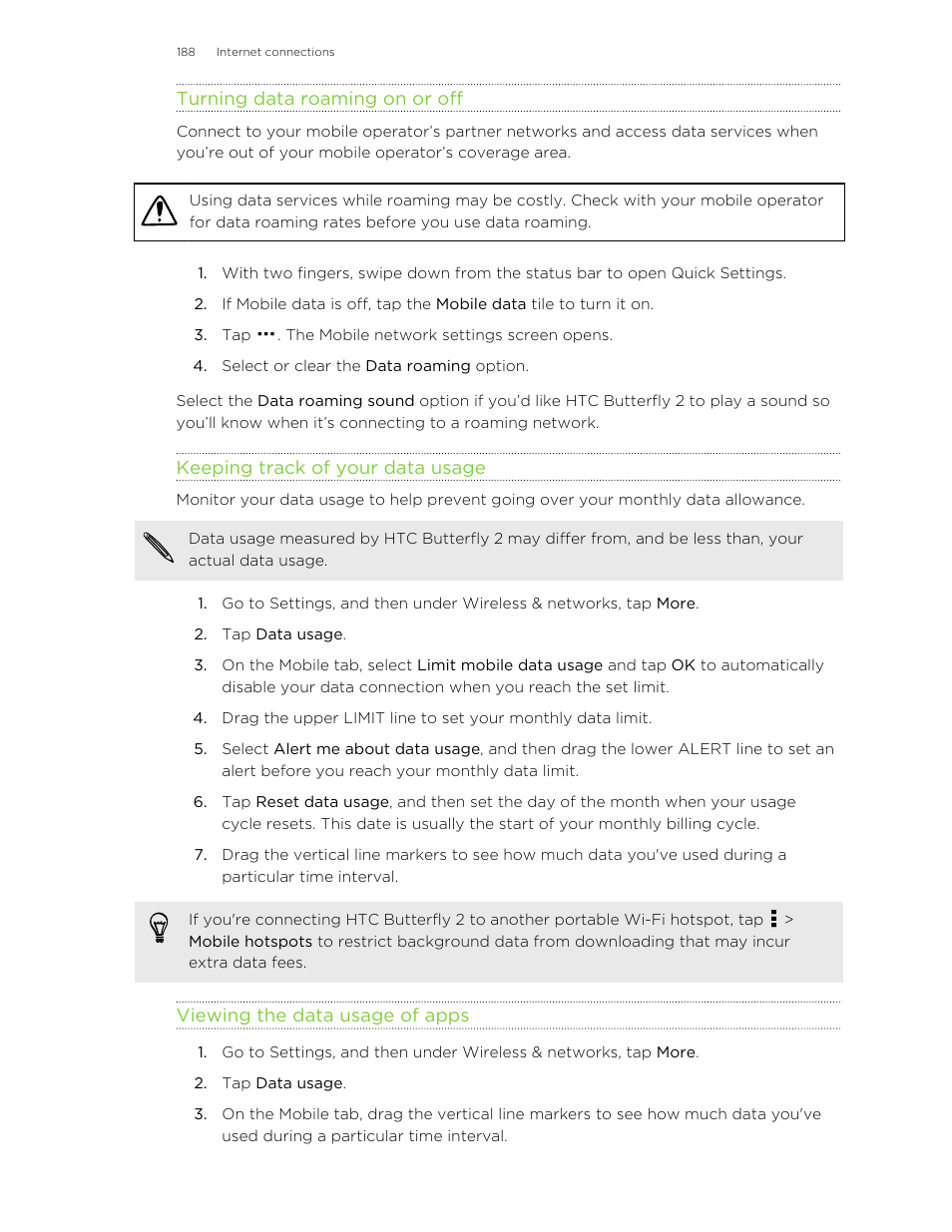 Turning data roaming on or off, Keeping track of your data usage, Viewing the data usage of apps | HTC Butterfly 2 User Manual | Page 188 / 216