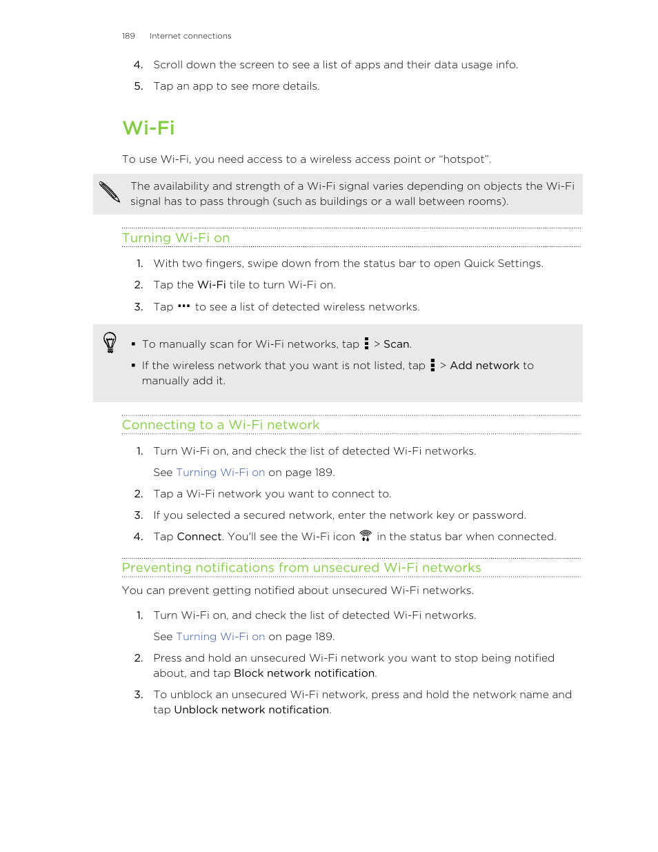 Wi‍-fi, Turning wi‍-fi on, Connecting to a wi‍-fi network | Wi-fi | HTC Butterfly 2 User Manual | Page 189 / 216