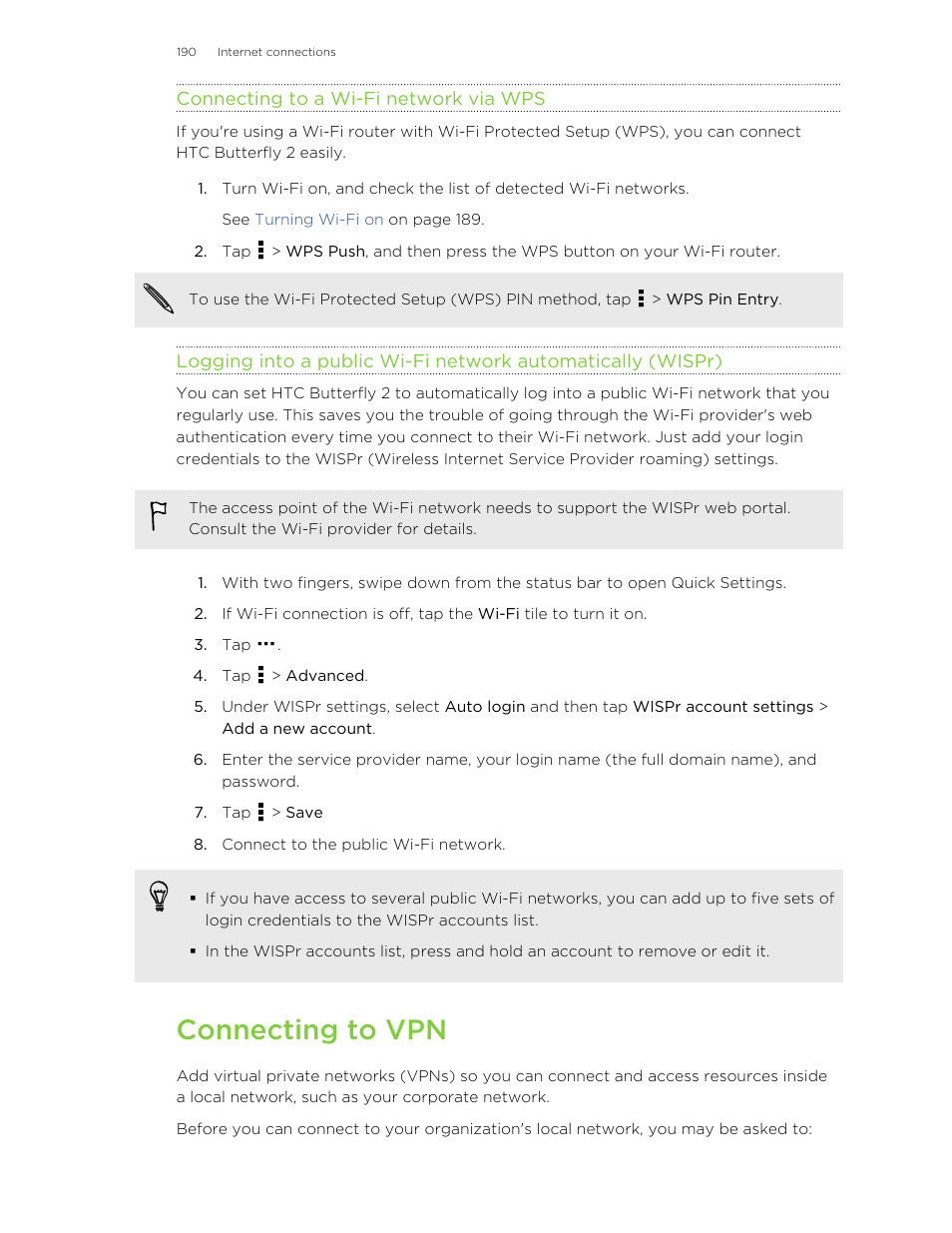 Connecting to a wi‍-fi network via wps, Connecting to vpn | HTC Butterfly 2 User Manual | Page 190 / 216