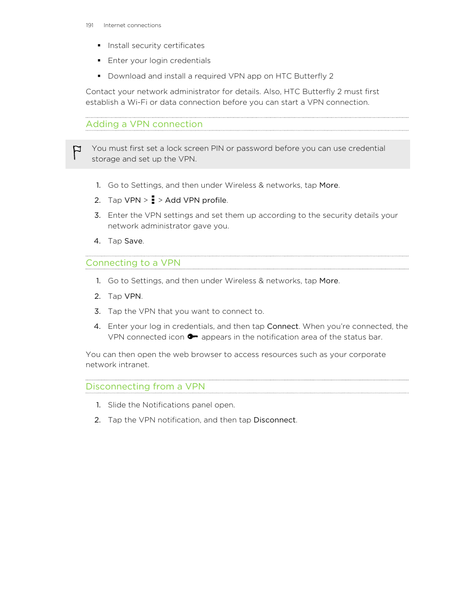 Adding a vpn connection, Connecting to a vpn, Disconnecting from a vpn | HTC Butterfly 2 User Manual | Page 191 / 216